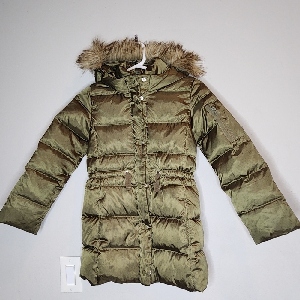 Gap Down Long Warm Green Puffer Hooded Coat Faux Fur Trim Kids Size Medium